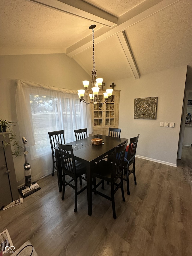 dining room with dark wood-type flooring, visible vents, vaulted ceiling with beams, and a textured ceiling