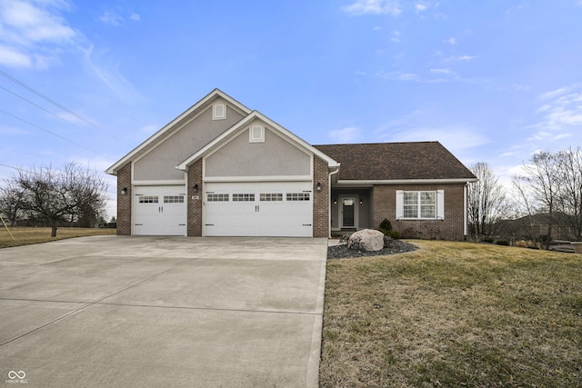 view of front of property featuring an attached garage, brick siding, concrete driveway, stucco siding, and a front yard