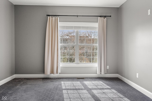 spare room with visible vents, carpet floors, a wealth of natural light, and baseboards