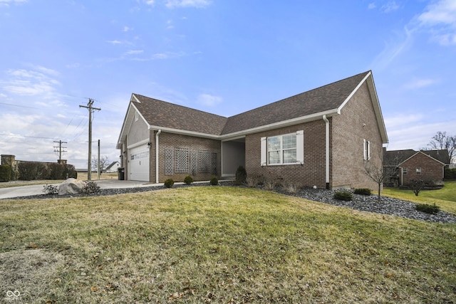 ranch-style house featuring a garage, driveway, a front yard, and brick siding