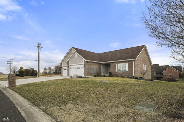 ranch-style house with driveway, a garage, a front lawn, and brick siding