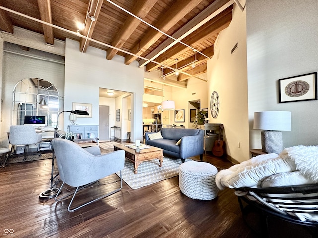 living room with wood ceiling, beam ceiling, and wood finished floors