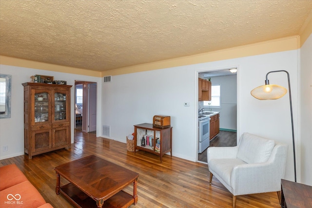 living area featuring baseboards, a textured ceiling, visible vents, and dark wood-type flooring