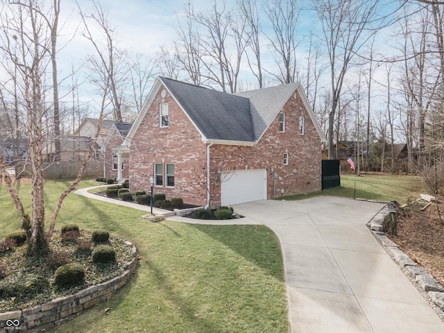 view of side of home featuring a garage, concrete driveway, a lawn, roof with shingles, and brick siding