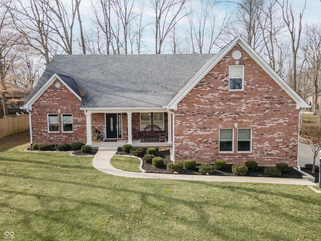 view of front facade with a shingled roof, a front yard, covered porch, and brick siding