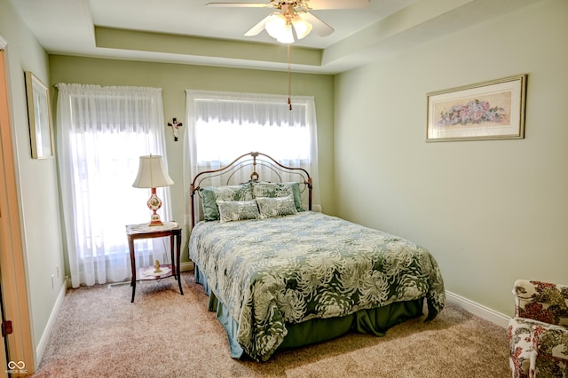 bedroom featuring multiple windows, carpet flooring, a raised ceiling, and baseboards