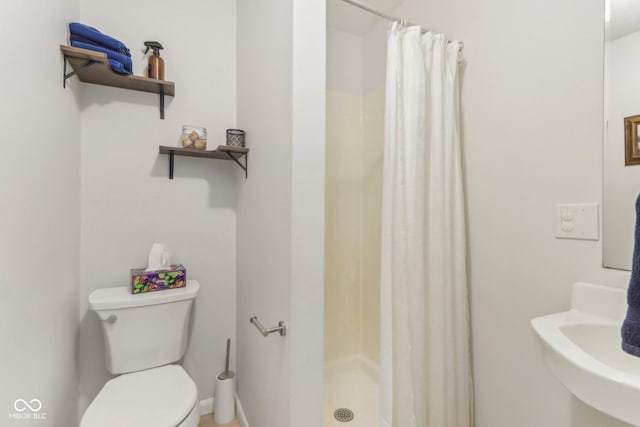 full bath featuring toilet, a stall shower, and a sink