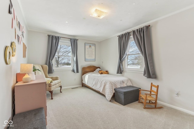 bedroom featuring baseboards, carpet, and ornamental molding