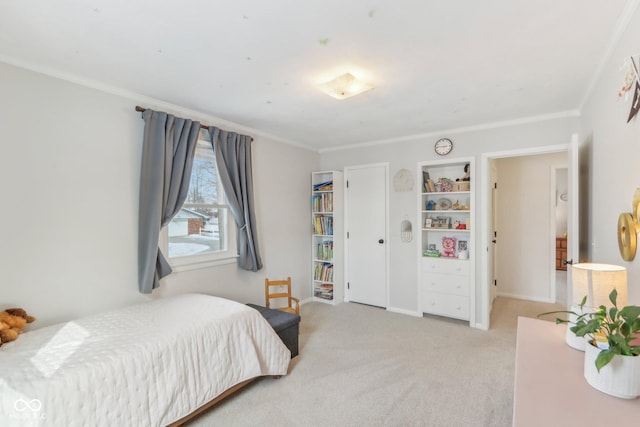 bedroom featuring light colored carpet, crown molding, and baseboards