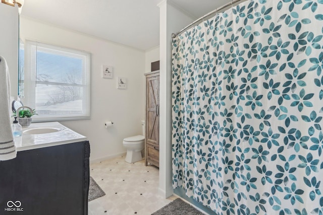 bathroom featuring tile patterned floors, toilet, curtained shower, crown molding, and vanity