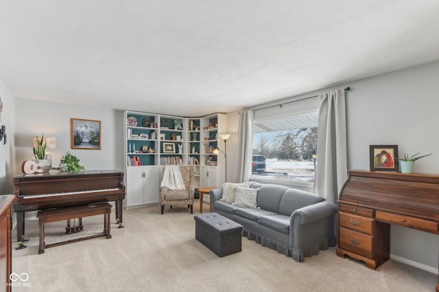 living room featuring light carpet