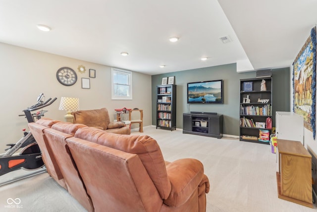 living room featuring light colored carpet and baseboards