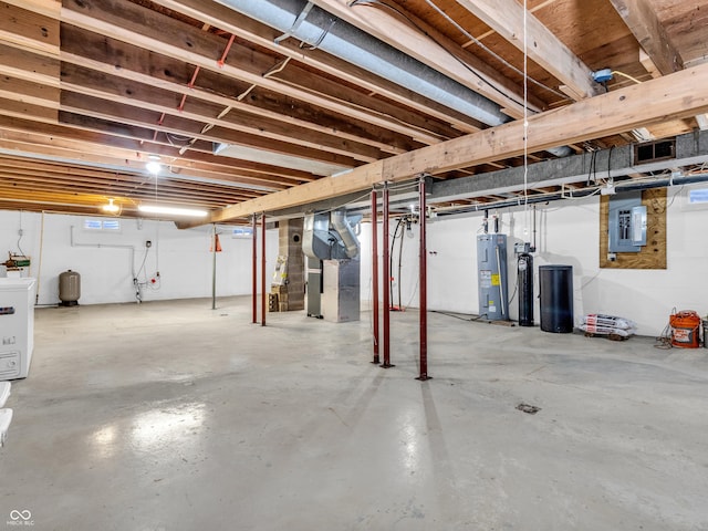 basement featuring washer / dryer, electric panel, electric water heater, and heating unit