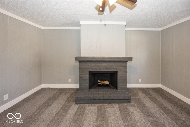 unfurnished living room with ornamental molding, a brick fireplace, carpet flooring, and a textured ceiling