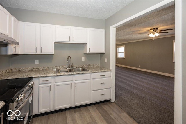 kitchen featuring white cabinets, stainless steel range with electric stovetop, a textured ceiling, and a sink