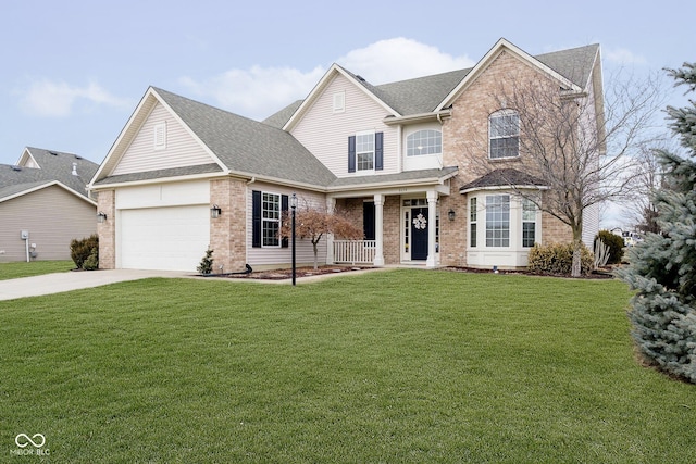 traditional home featuring driveway, brick siding, a shingled roof, an attached garage, and a front yard