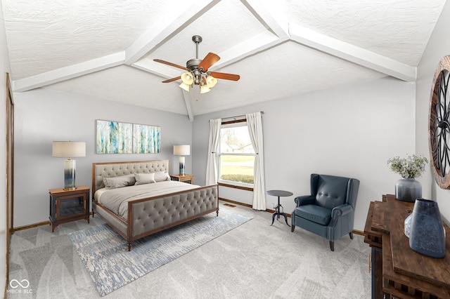 bedroom with vaulted ceiling with beams, a textured ceiling, baseboards, and carpet flooring