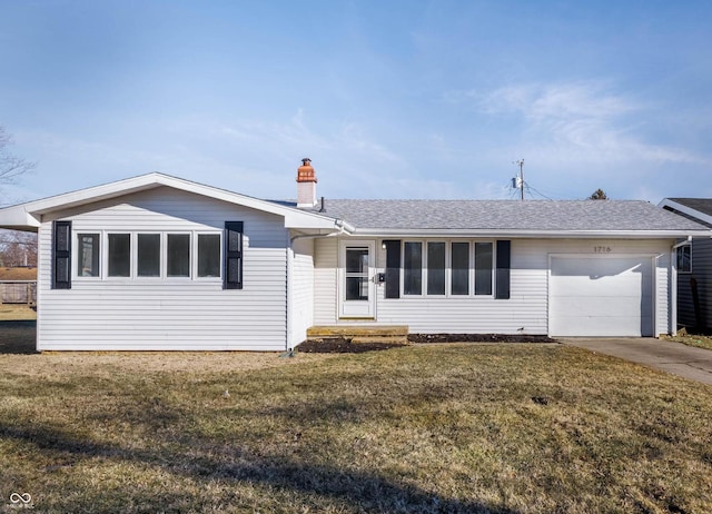 ranch-style home featuring a garage, driveway, a shingled roof, and a front lawn