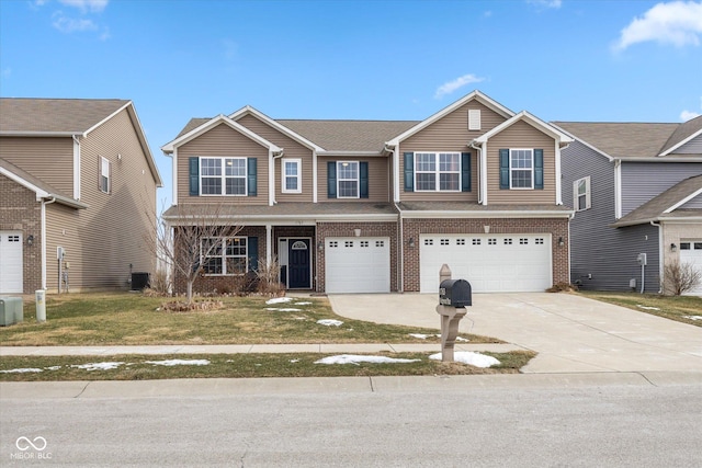 view of front facade with a garage, central AC, brick siding, concrete driveway, and a front yard