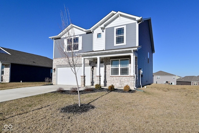 traditional home featuring concrete driveway, a garage, covered porch, and stone siding