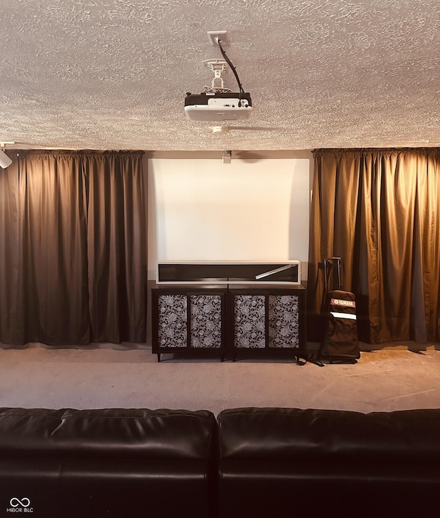 home theater room featuring a textured ceiling