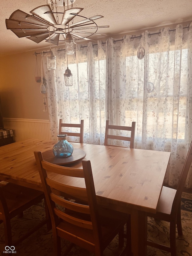 dining room featuring a textured ceiling and wainscoting