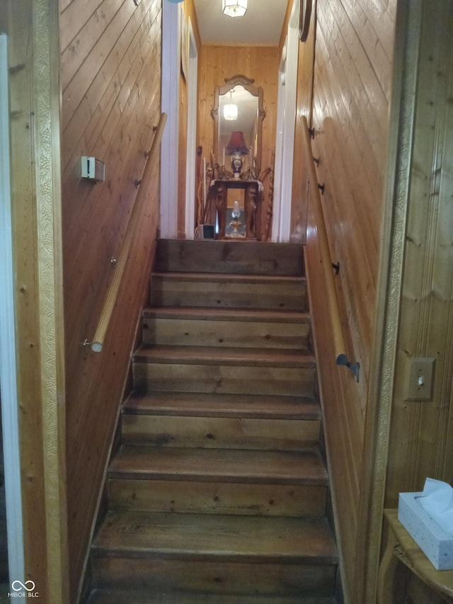 staircase with wooden walls