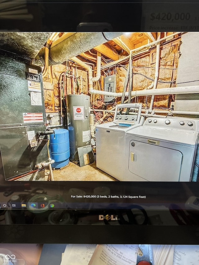 4005 Texas Pike, Spencer, IN 47460 - utility room with washer and clothes dryer, electric water heater, electric panel, and heating unit