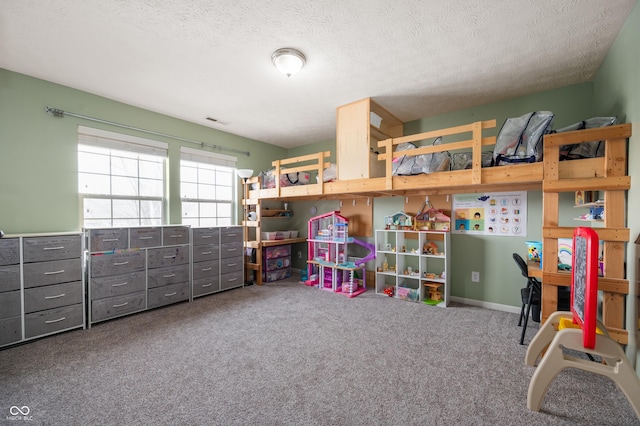 carpeted bedroom with a textured ceiling and visible vents