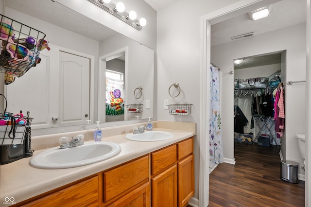 bathroom with visible vents, a sink, a spacious closet, and double vanity