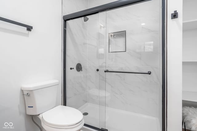 full bathroom featuring toilet and a shower stall