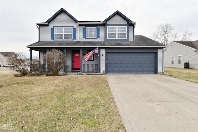 traditional-style house with central AC unit, an attached garage, covered porch, concrete driveway, and a front yard