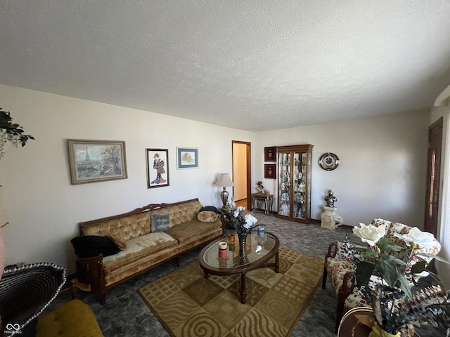 living room featuring a textured ceiling and carpet flooring