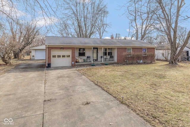 single story home featuring brick siding, a chimney, a porch, an attached garage, and a front lawn