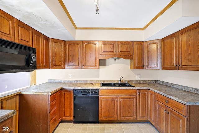 kitchen with black appliances, crown molding, brown cabinetry, and a sink