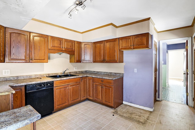 kitchen with dishwasher, crown molding, a sink, and brown cabinets