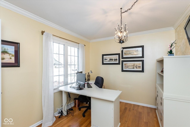 office with ornamental molding, wood finished floors, and baseboards