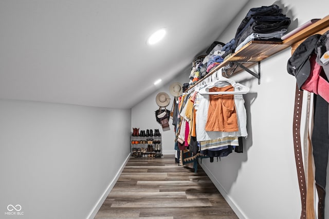 walk in closet featuring lofted ceiling and wood finished floors