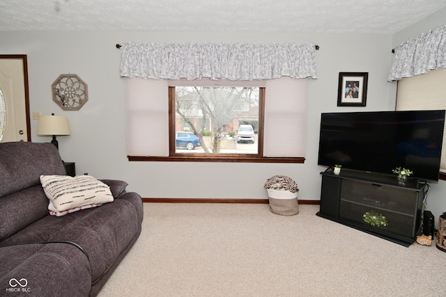 living area with a textured ceiling, carpet, and baseboards