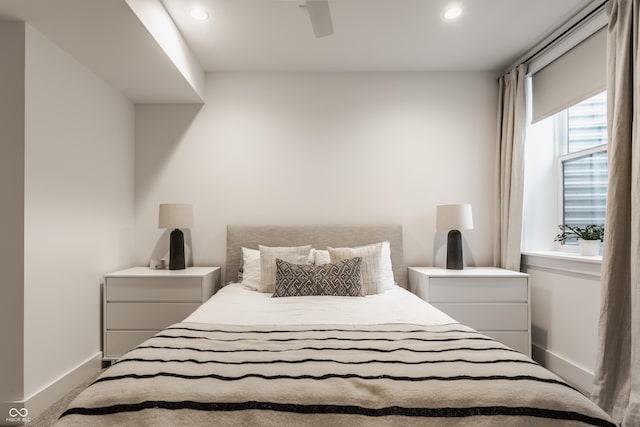 bedroom featuring ceiling fan, recessed lighting, and baseboards