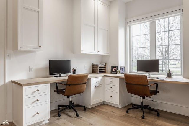 home office featuring light wood-style floors, a healthy amount of sunlight, and built in desk