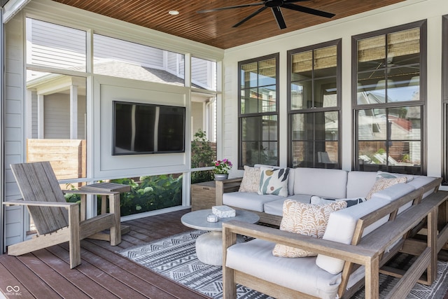 sunroom featuring wooden ceiling and a ceiling fan