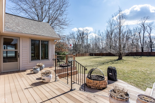 wooden deck featuring an outdoor fire pit, a fenced backyard, and a yard