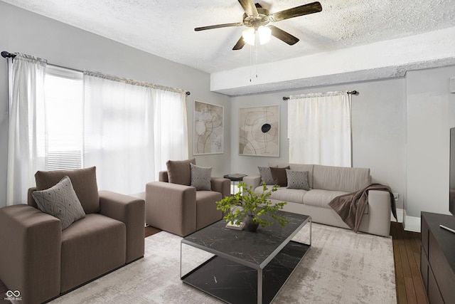 2401 N Olney St, Indianapolis, IN 46218 - living room with wood finished floors, a ceiling fan, a textured ceiling, and baseboards