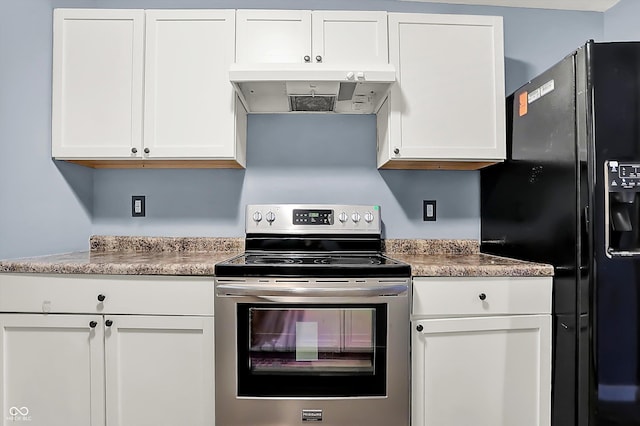 kitchen with black fridge, stainless steel electric range, white cabinets, and under cabinet range hood