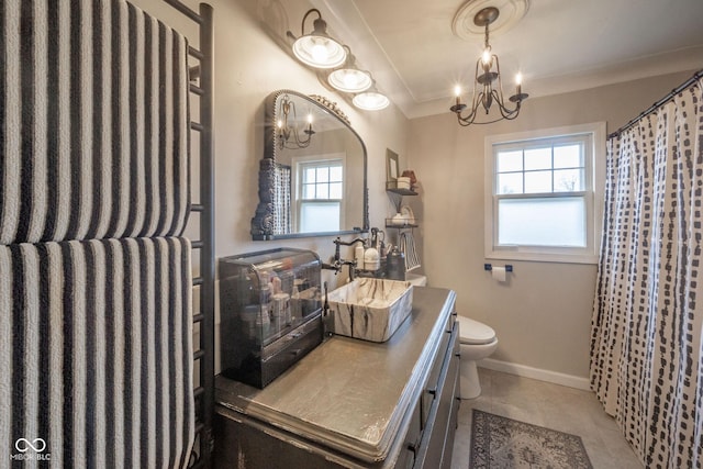 full bath with toilet, a notable chandelier, vanity, baseboards, and tile patterned floors