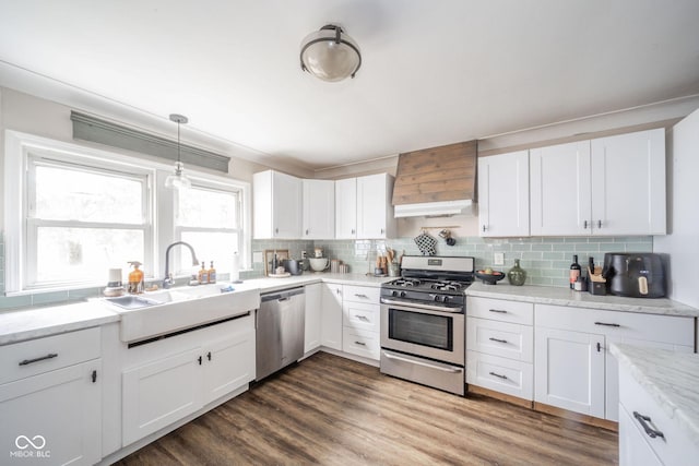 kitchen with dark wood-style floors, custom range hood, appliances with stainless steel finishes, and a sink