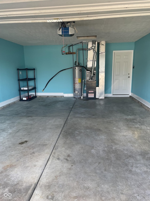 garage featuring heating unit, water heater, baseboards, and a garage door opener