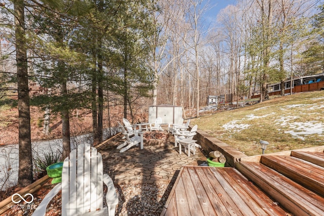 view of yard with outdoor dining area, a storage unit, a patio area, an outdoor structure, and a fire pit