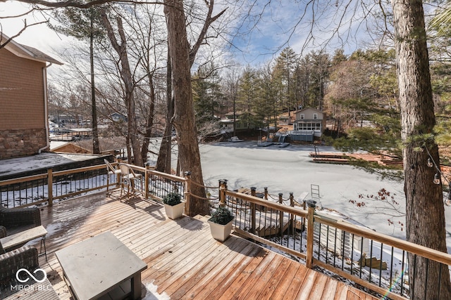 view of snow covered deck